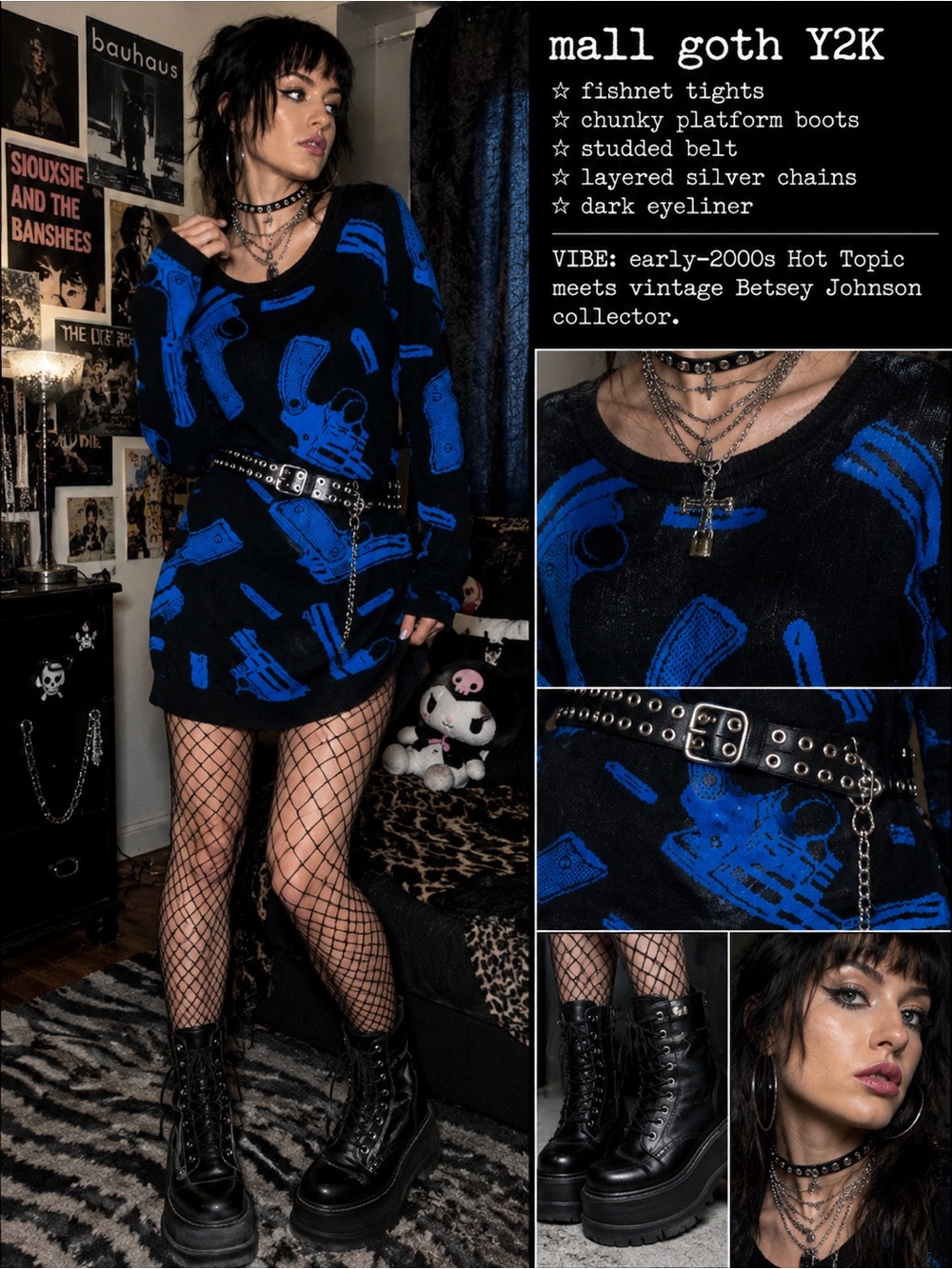 Vintage Betsey Johnson Black Blue Gun Sweater Tunic Dress Large Y2K Goth Punk C1 - Picture 5 of 12